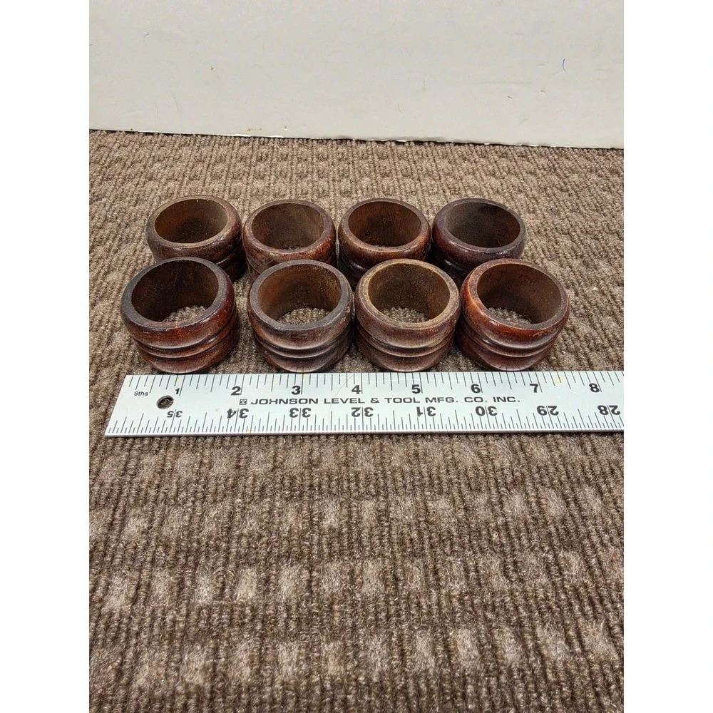 Vintage Dark Wood Napkin Rings Set of 8 Rustic Grooved Round Table Decor Brown